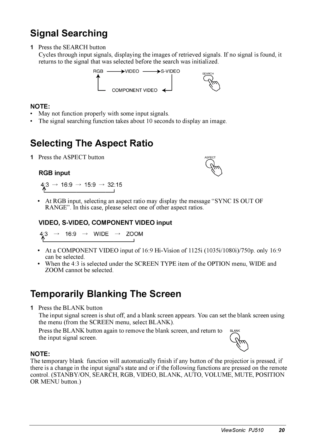 ViewSonic PJ510 manual Signal Searching, Selecting The Aspect Ratio, Temporarily Blanking The Screen, RGB input 