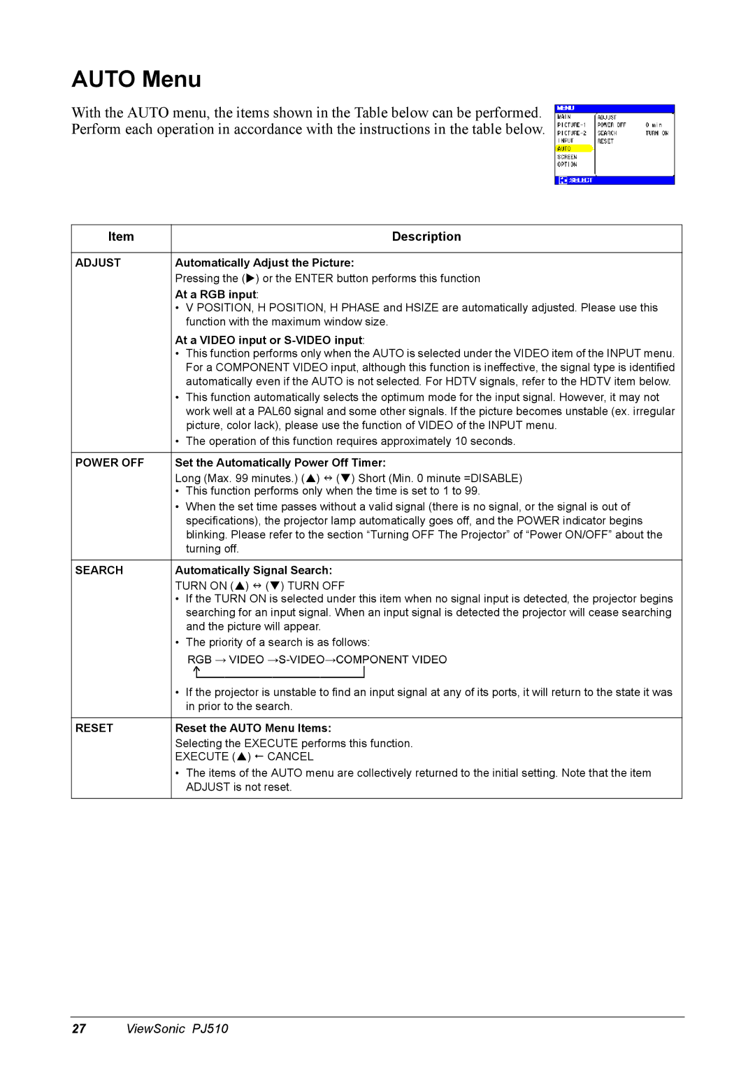 ViewSonic PJ510 manual Auto Menu, Adjust, Power OFF, Search 