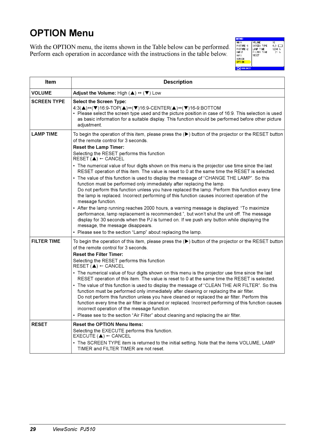 ViewSonic PJ510 manual Option Menu, Volume, Screen Type, Lamp Time, Filter Time 