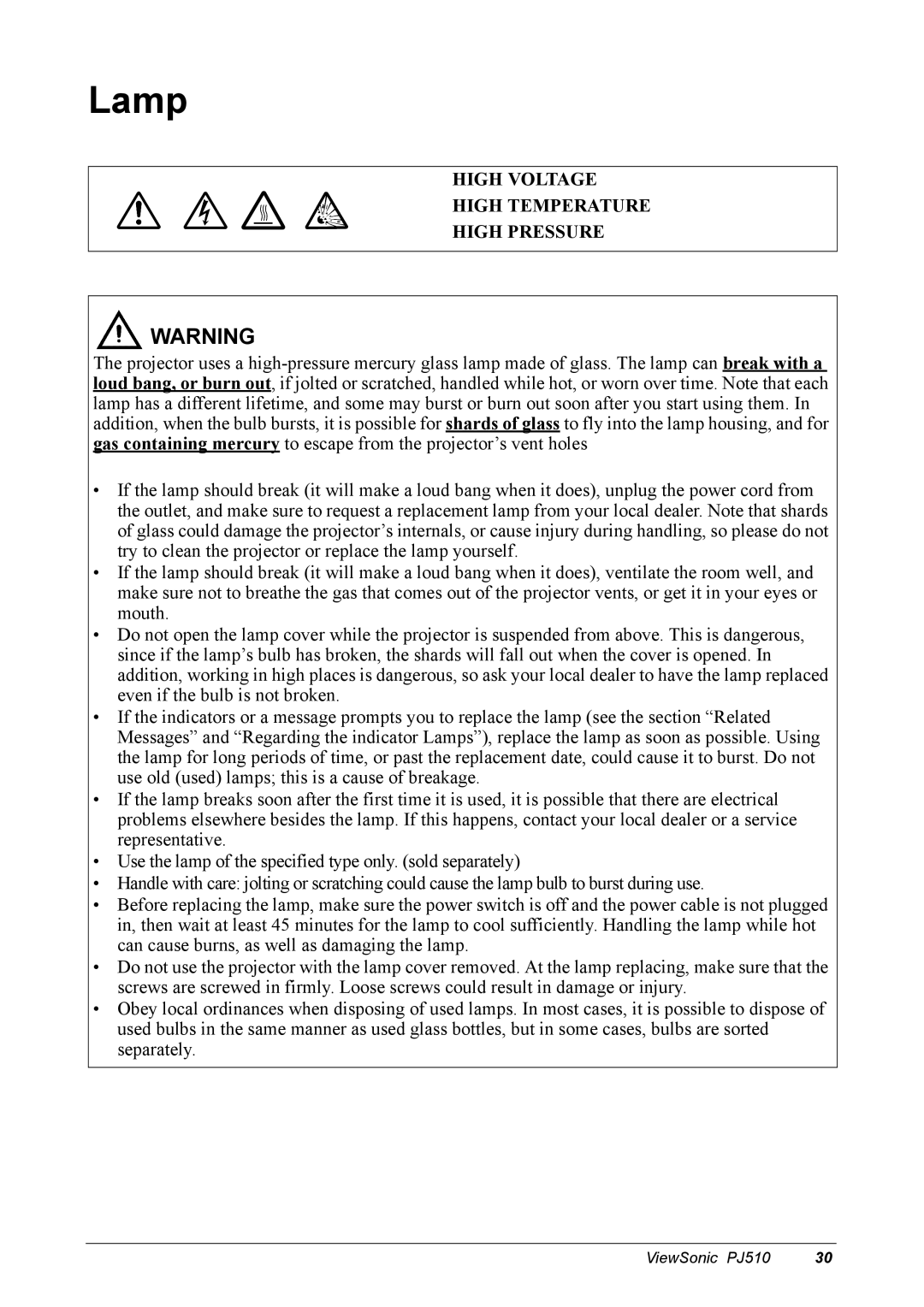 ViewSonic PJ510 manual Lamp, High Voltage High Temperature High Pressure 