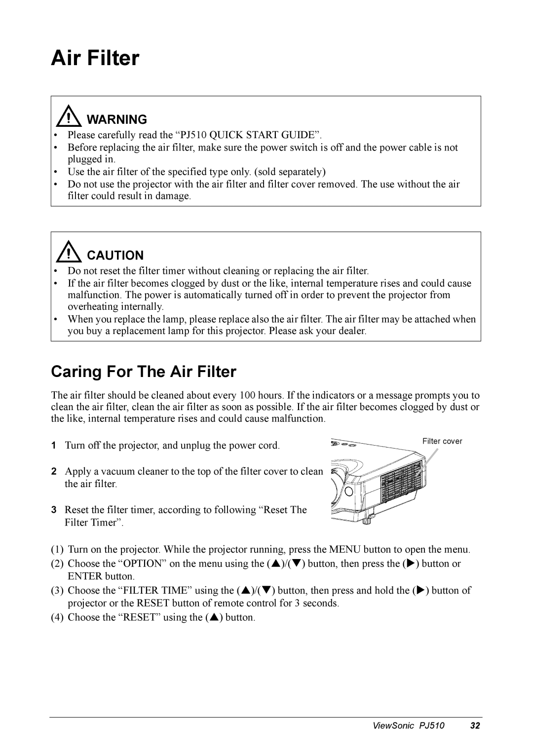 ViewSonic PJ510 manual Caring For The Air Filter 