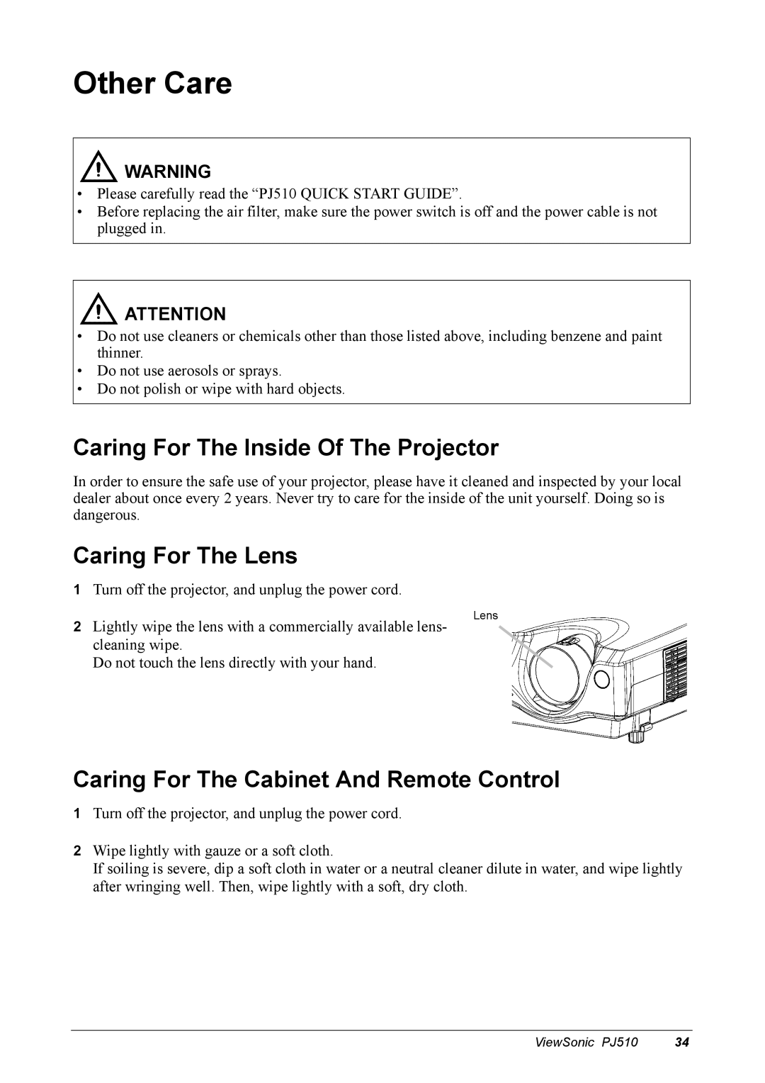 ViewSonic PJ510 manual Other Care, Caring For The Inside Of The Projector, Caring For The Lens 