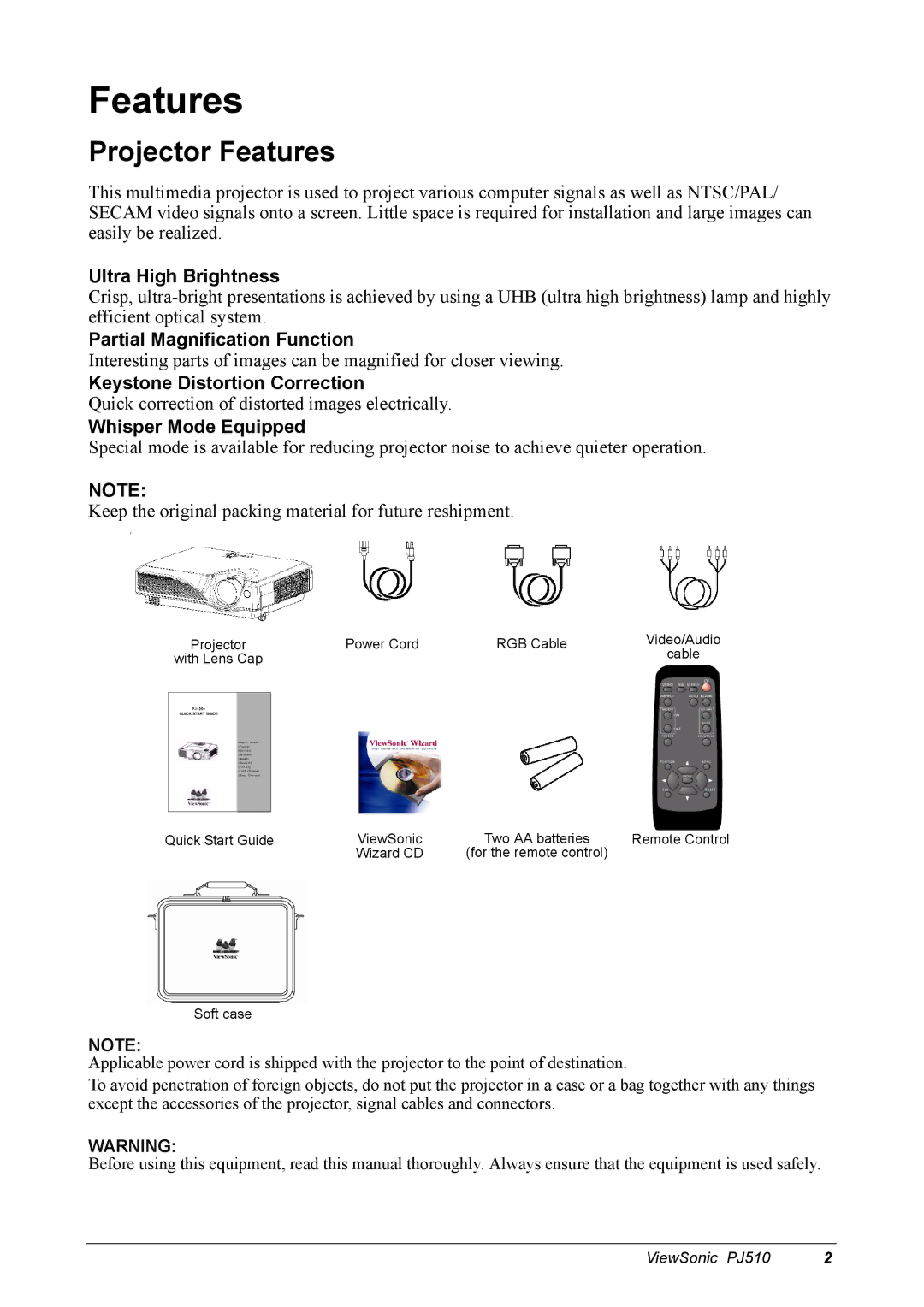 ViewSonic PJ510 manual Projector Features 