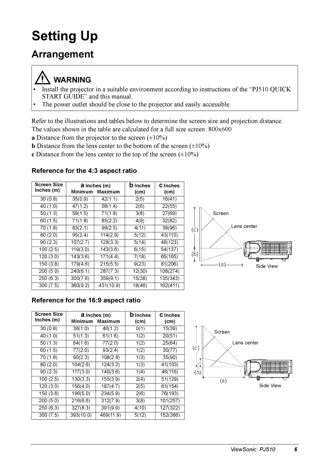 ViewSonic PJ510 manual Setting Up, Arrangement, Reference for the 43 aspect ratio, Reference for the 169 aspect ratio 