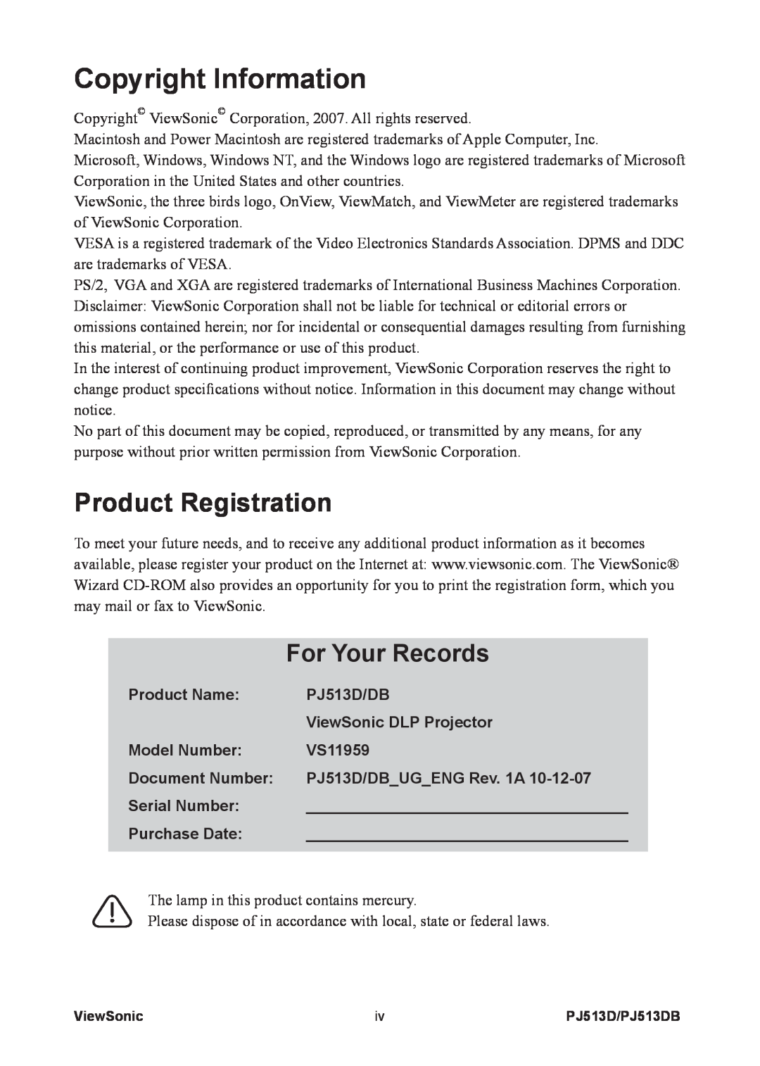 ViewSonic Product Registration, Copyright Information, For Your Records, Product Name, PJ513D/DB, Model Number, VS11959 