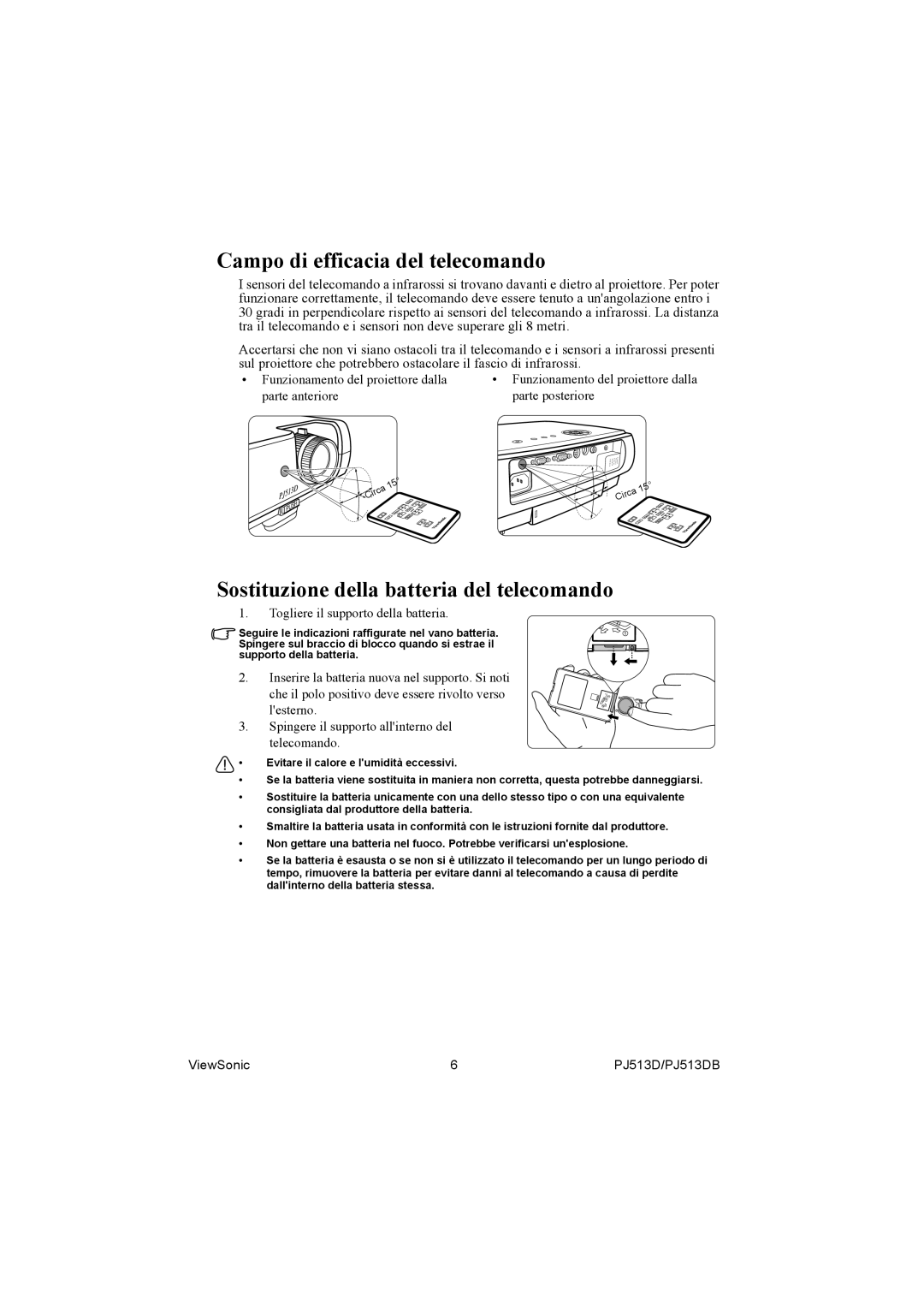 ViewSonic PJ513DB manual Campo di efficacia del telecomando, Sostituzione della batteria del telecomando 