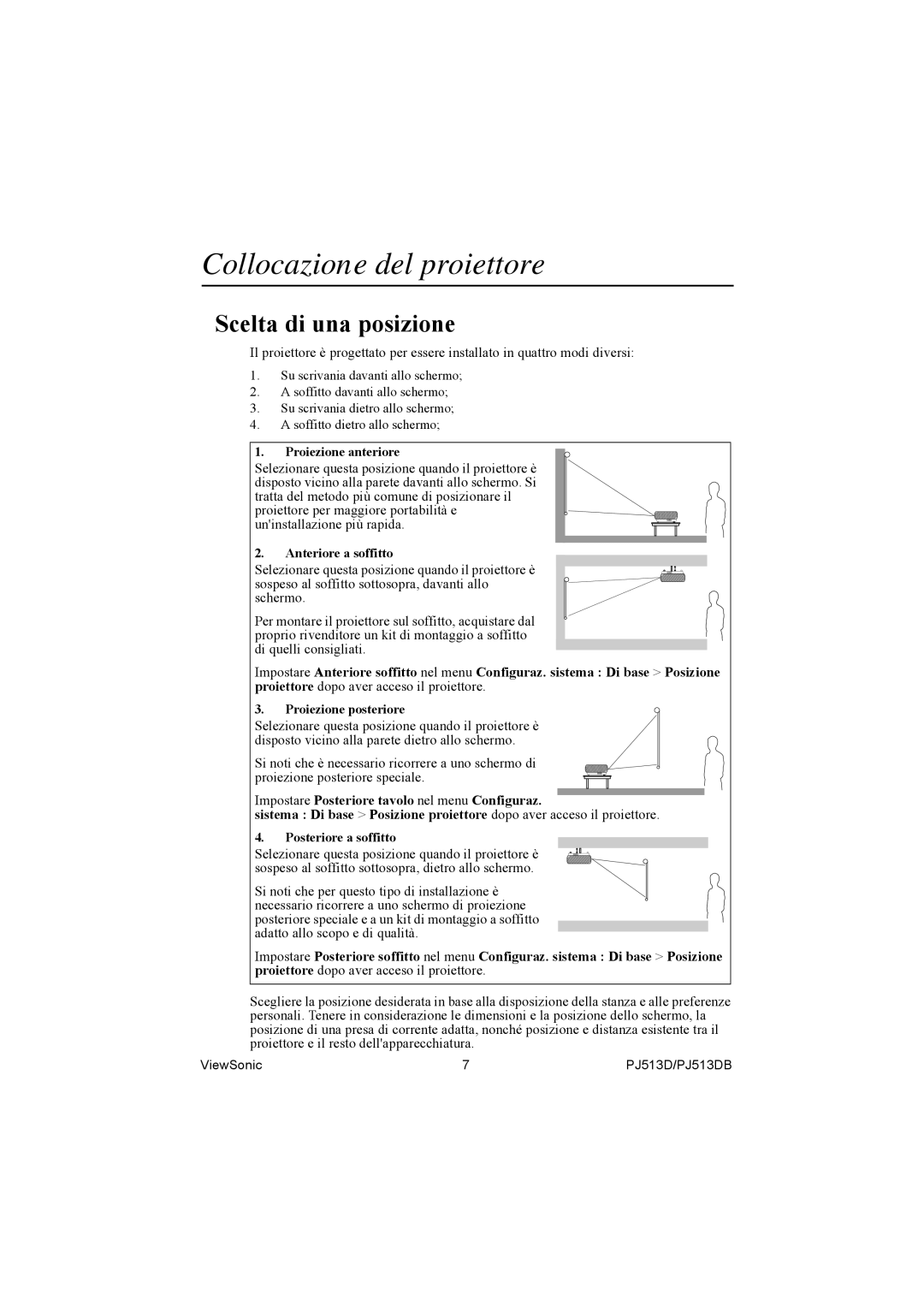 ViewSonic PJ513DB manual Collocazione del proiettore, Scelta di una posizione 