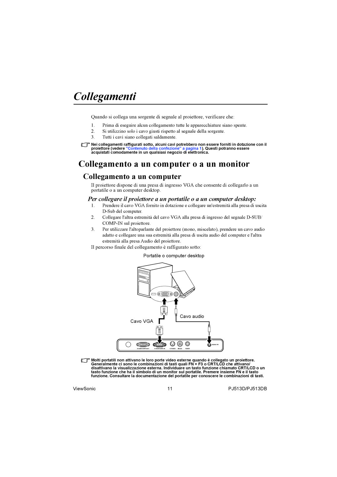 ViewSonic PJ513DB manual Collegamenti, Collegamento a un computer o a un monitor 