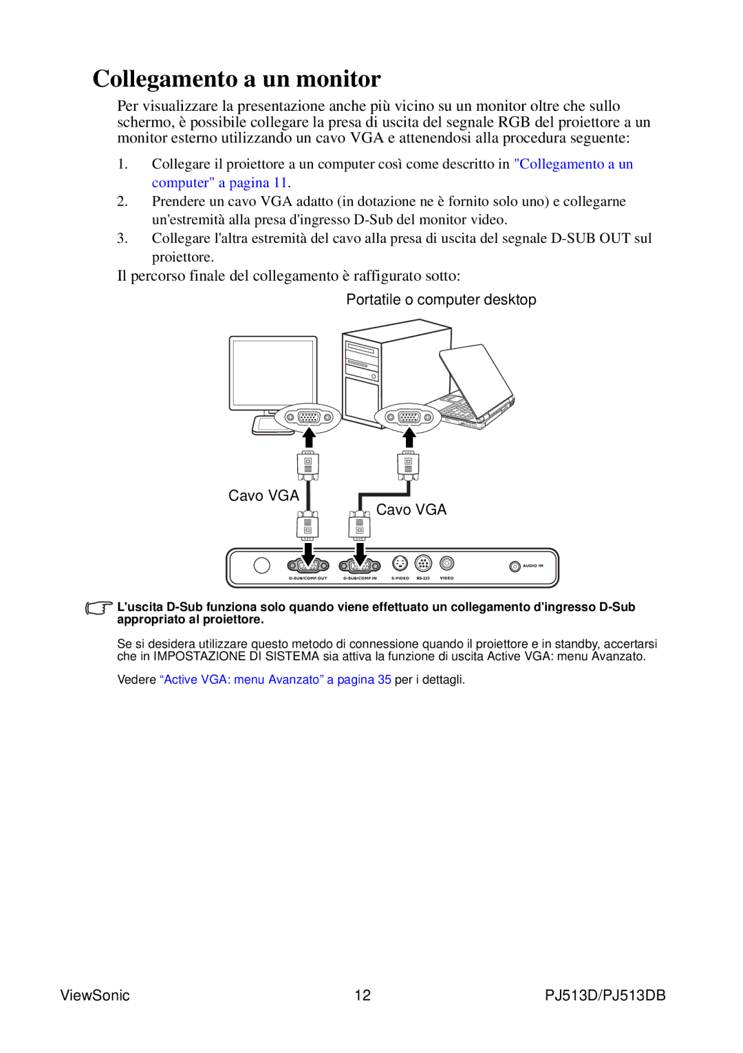 ViewSonic PJ513DB manual Collegamento a un monitor, Portatile o computer desktop Cavo VGA 