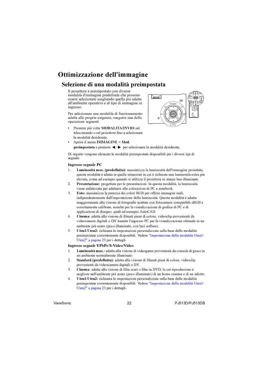 ViewSonic PJ513DB manual Ottimizzazione dellimmagine, Selezione di una modalità preimpostata 