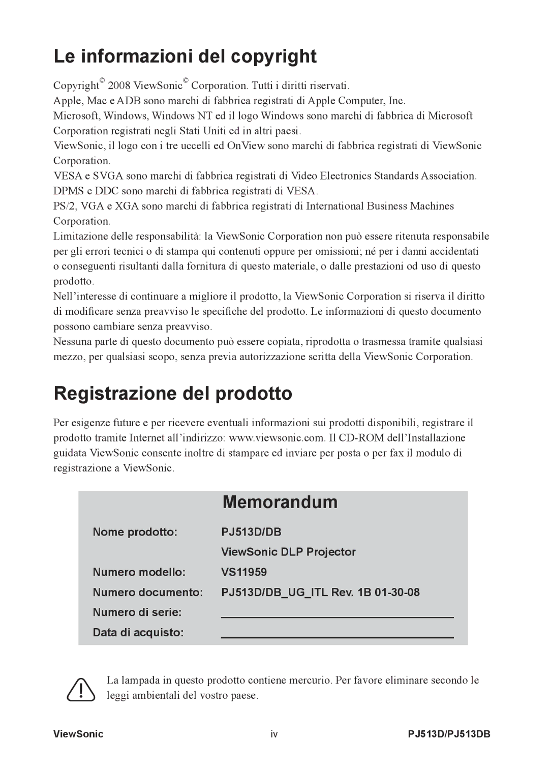 ViewSonic PJ513DB manual Le informazioni del copyright 