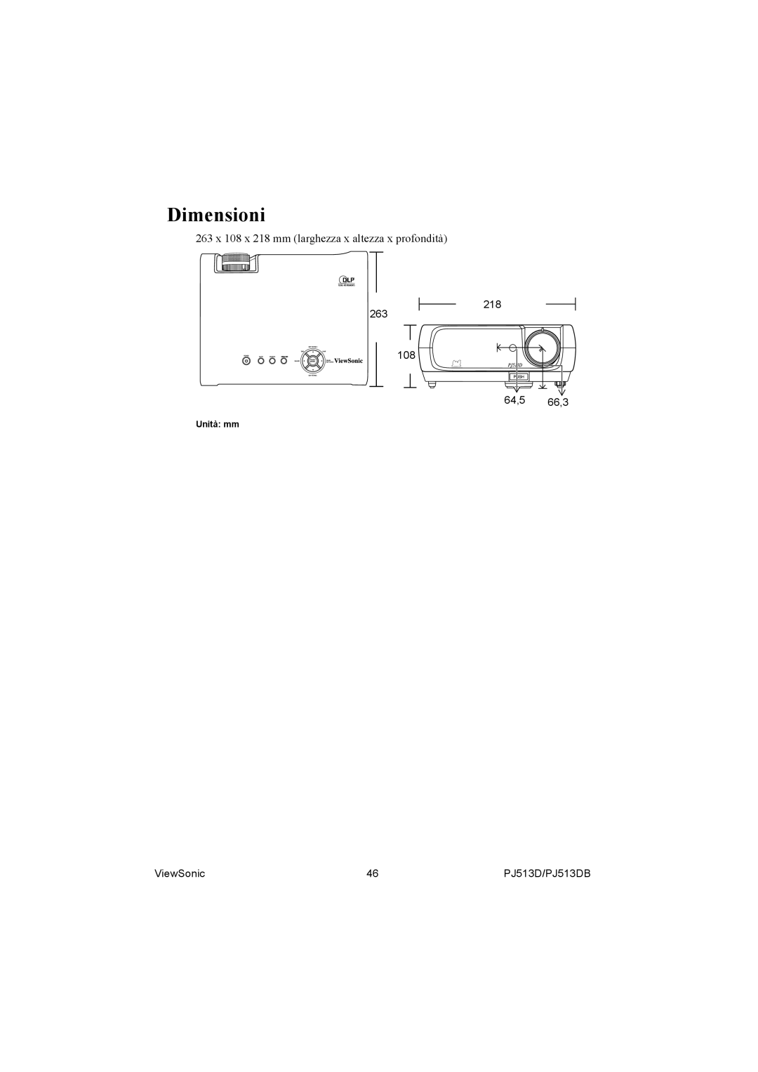 ViewSonic PJ513DB manual Dimensioni 