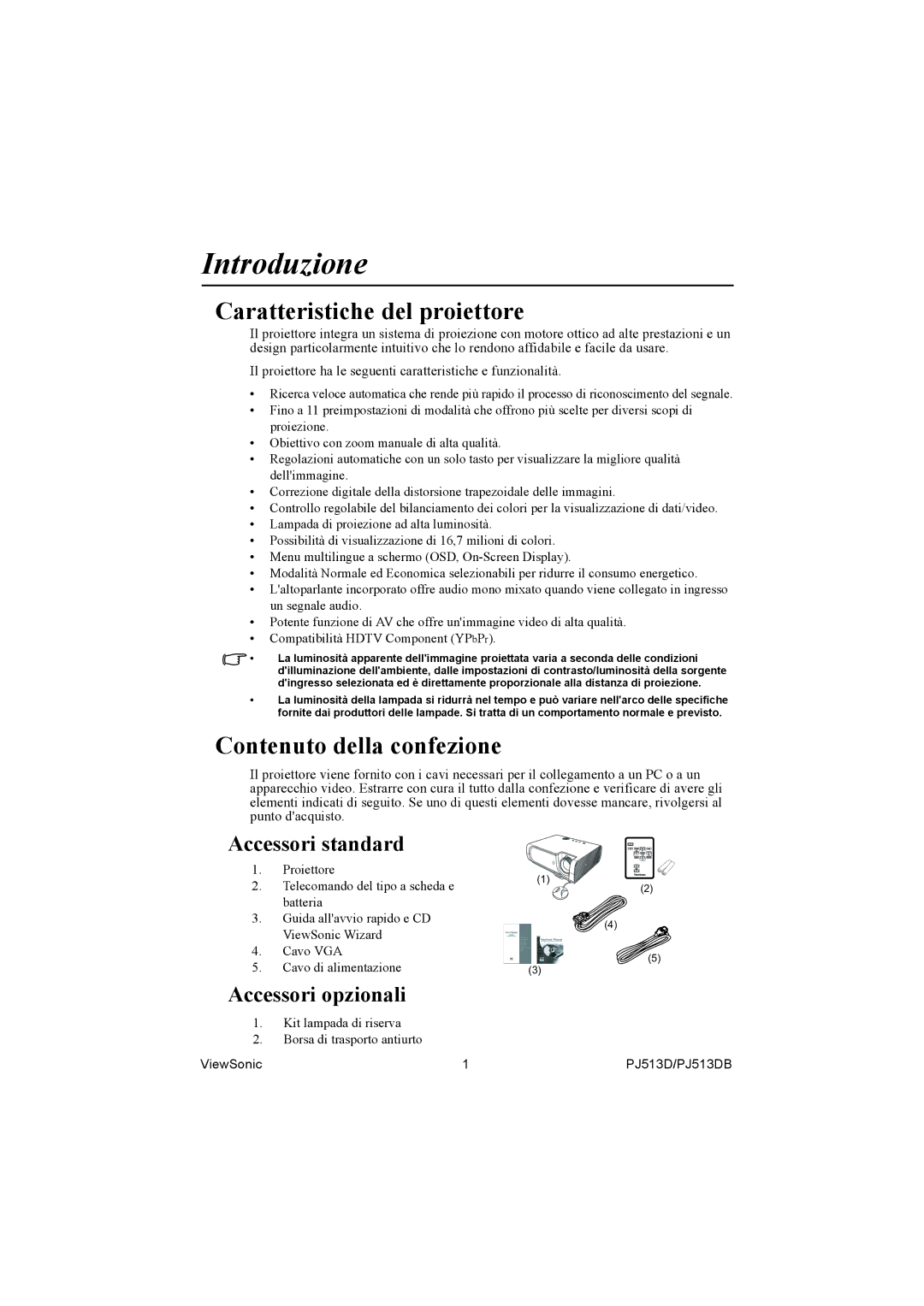 ViewSonic PJ513DB manual Introduzione, Caratteristiche del proiettore, Contenuto della confezione, Accessori standard 