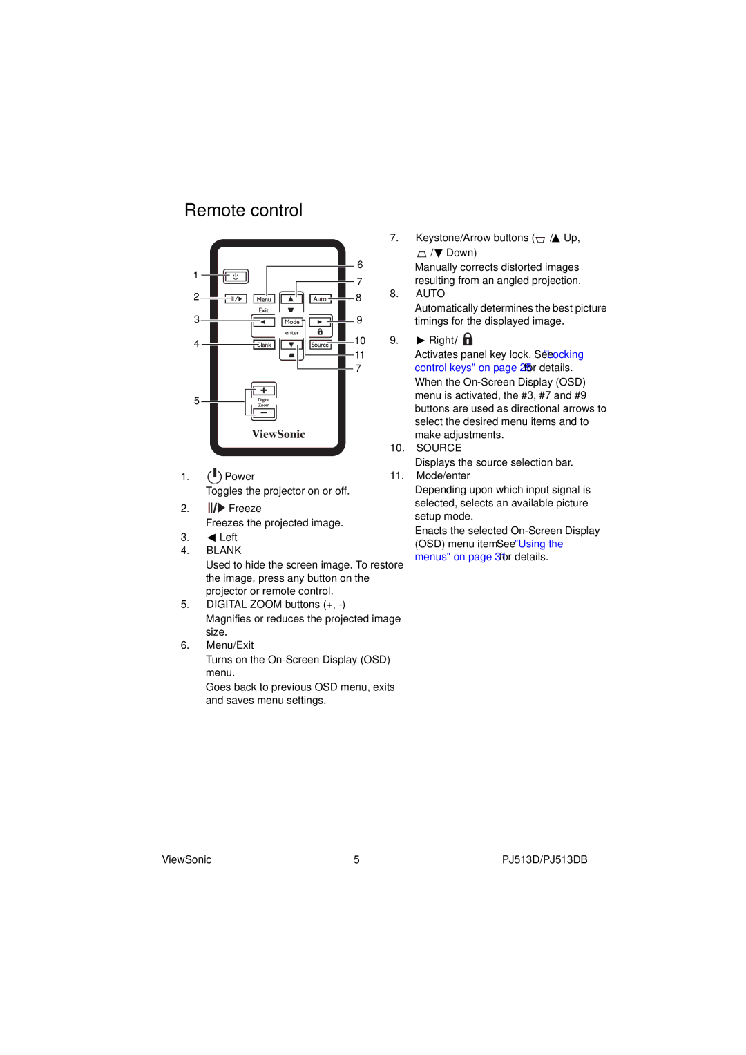 ViewSonic PJ513DB warranty Remote control, Blank 