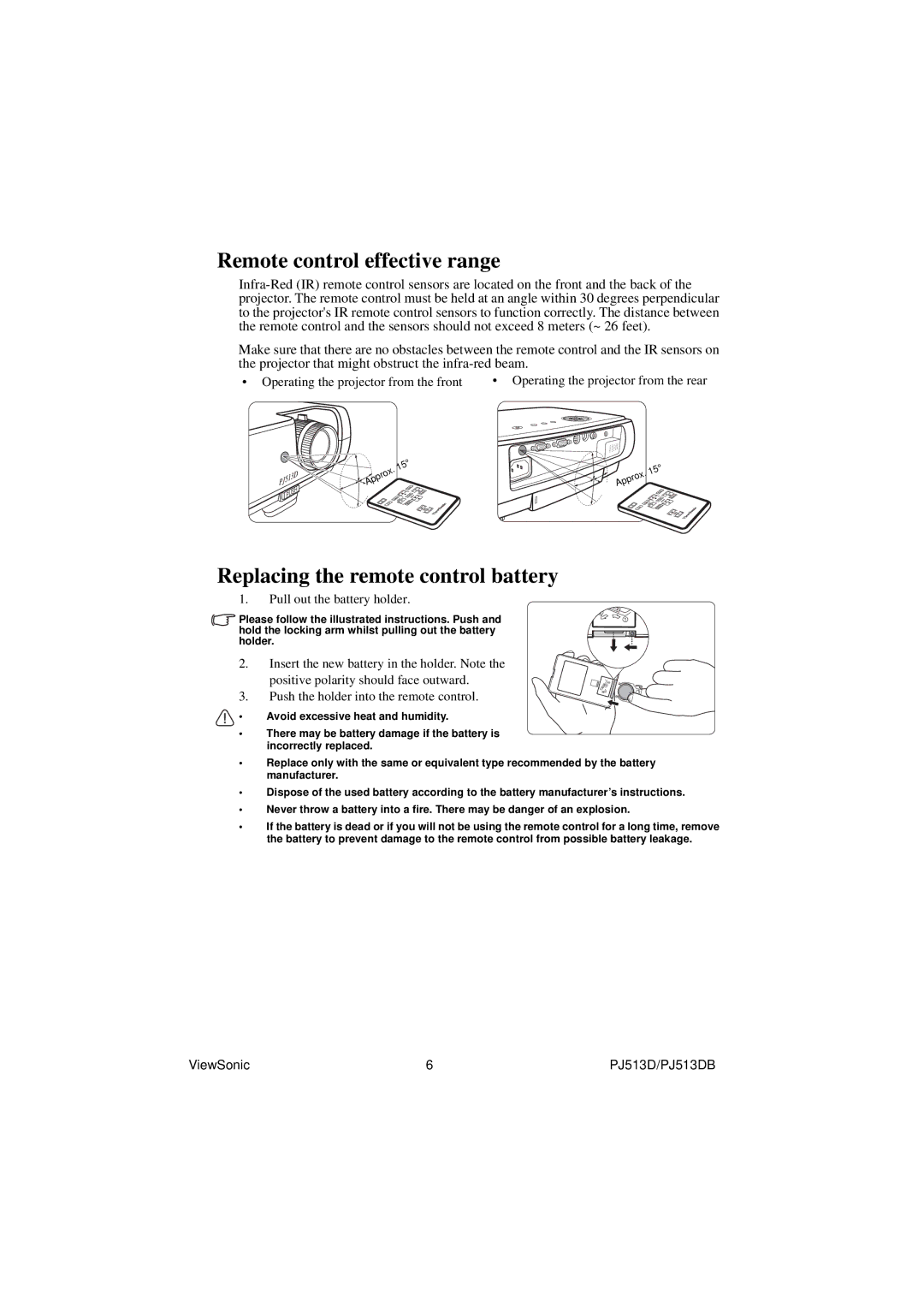 ViewSonic PJ513DB warranty Remote control effective range, Replacing the remote control battery 