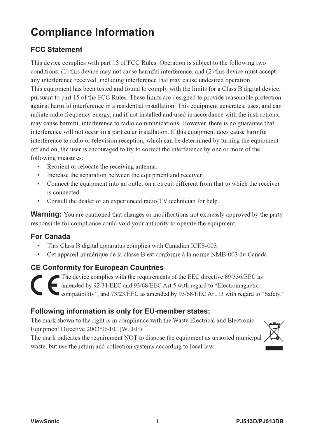 ViewSonic PJ513DB warranty FCC Statement, For Canada, CE Conformity for European Countries 