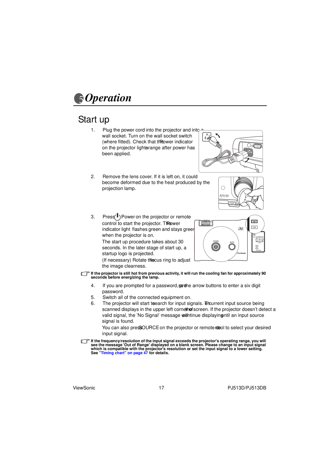 ViewSonic PJ513DB warranty Operation, Start up 