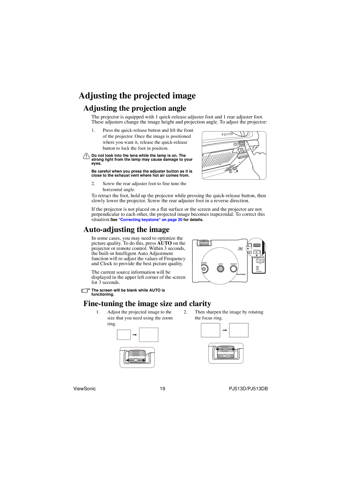 ViewSonic PJ513DB warranty Adjusting the projected image, Adjusting the projection angle, Auto-adjusting the image 