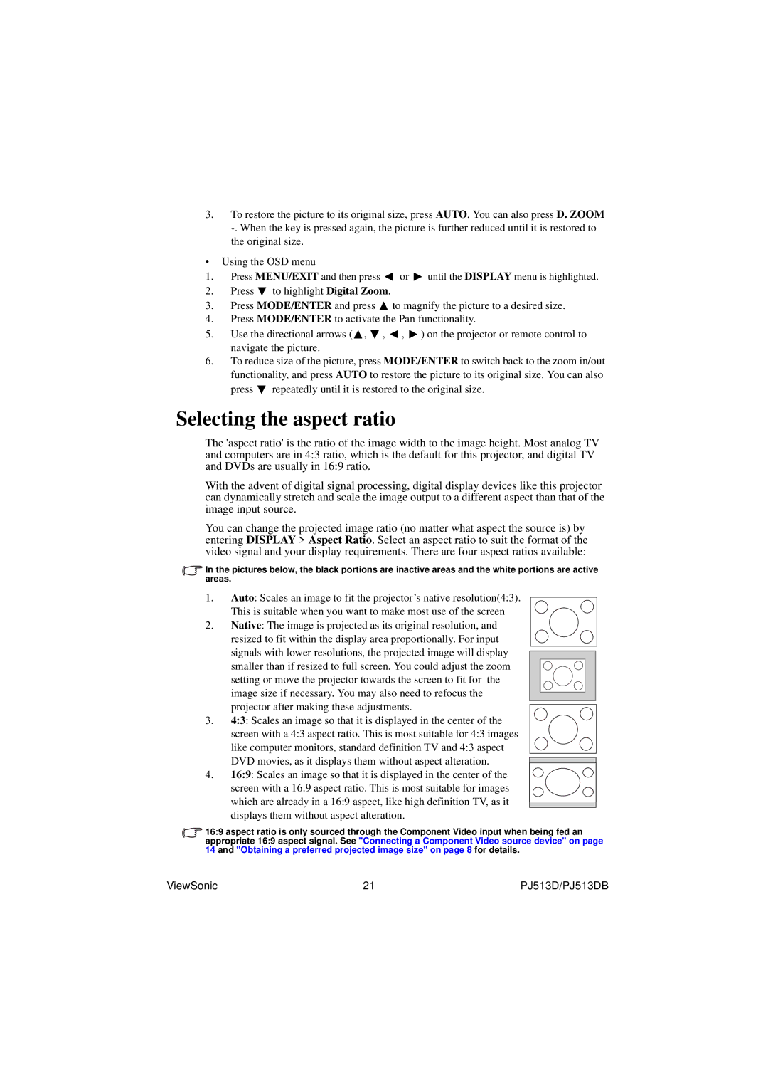 ViewSonic PJ513DB warranty Selecting the aspect ratio 