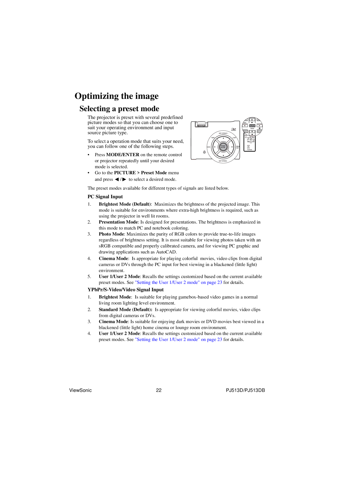 ViewSonic PJ513DB warranty Optimizing the image, Selecting a preset mode 