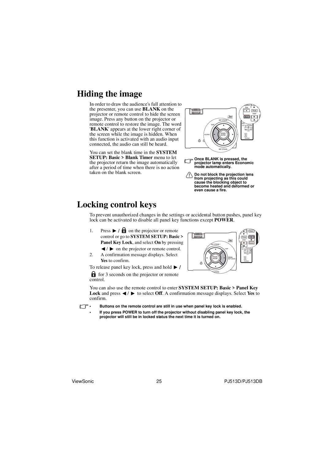 ViewSonic PJ513DB warranty Hiding the image, Locking control keys 