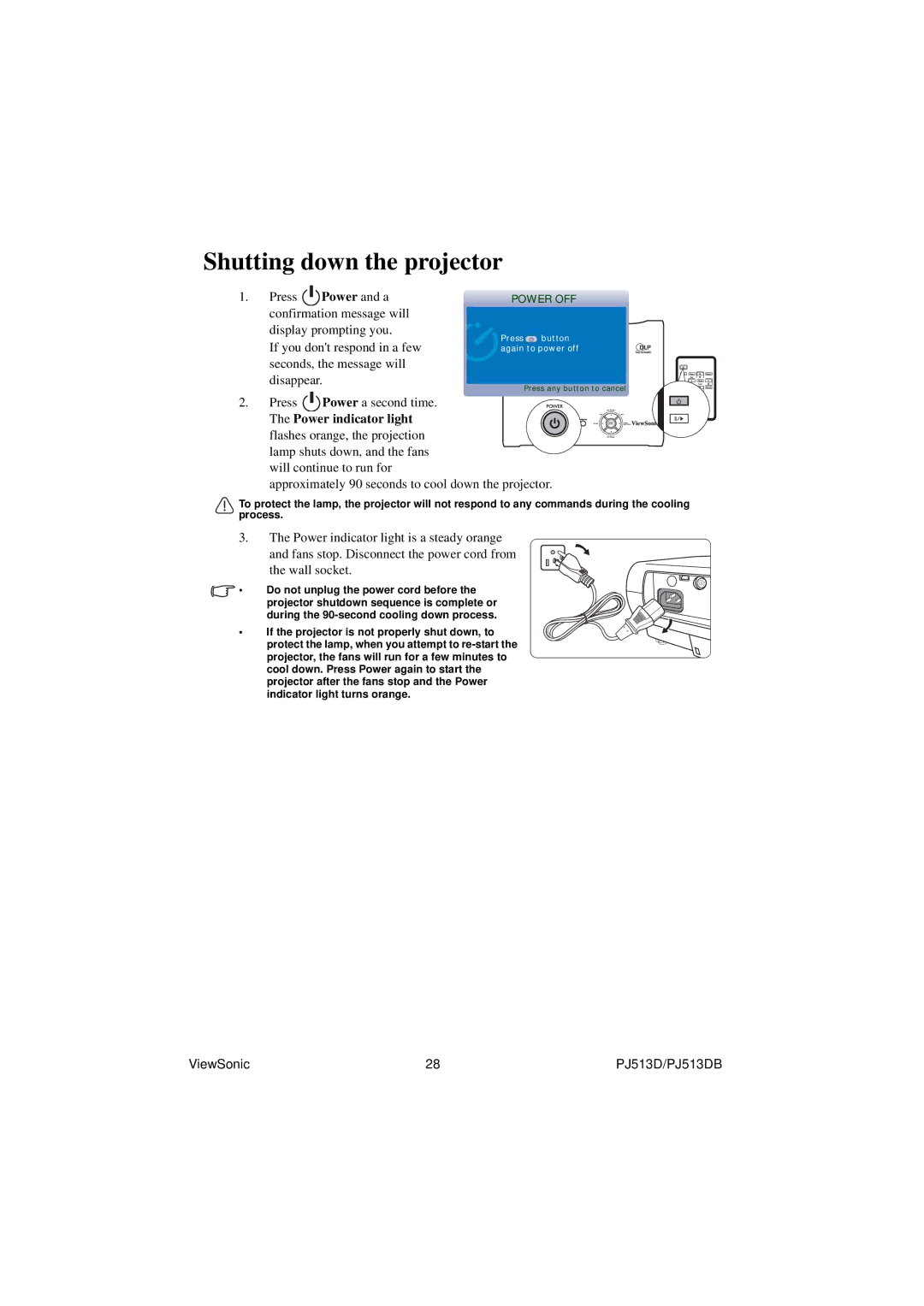 ViewSonic PJ513DB warranty Shutting down the projector 