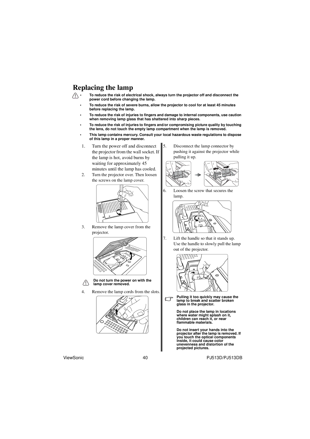 ViewSonic PJ513DB warranty Replacing the lamp 