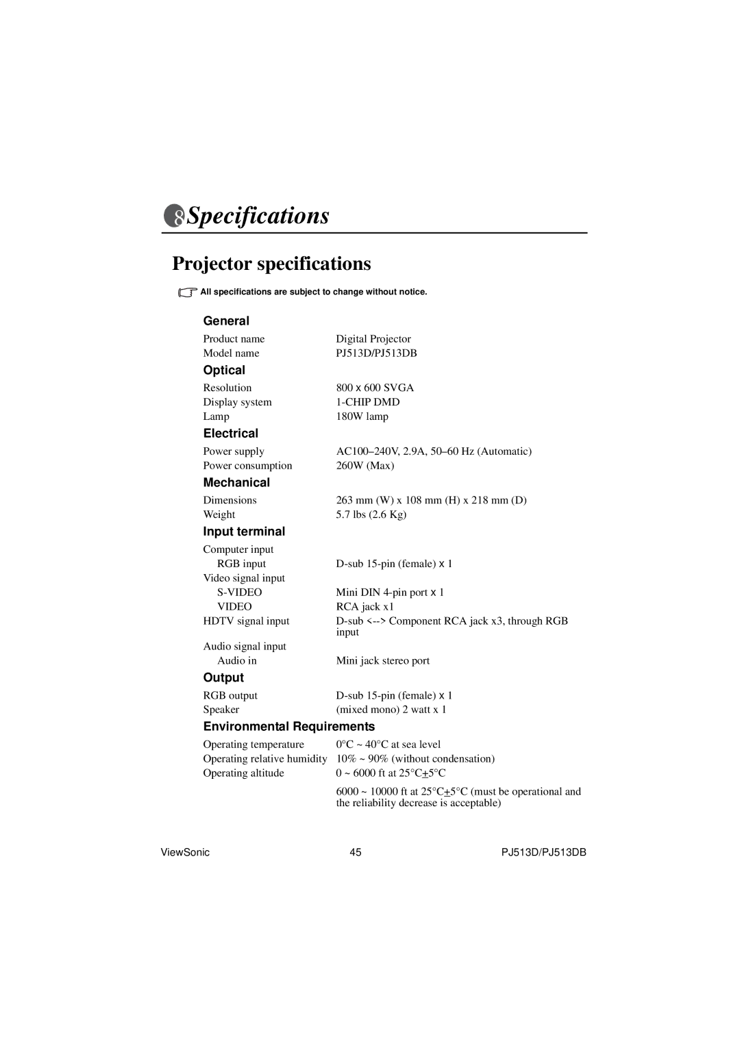 ViewSonic PJ513DB warranty Specifications, Projector specifications 