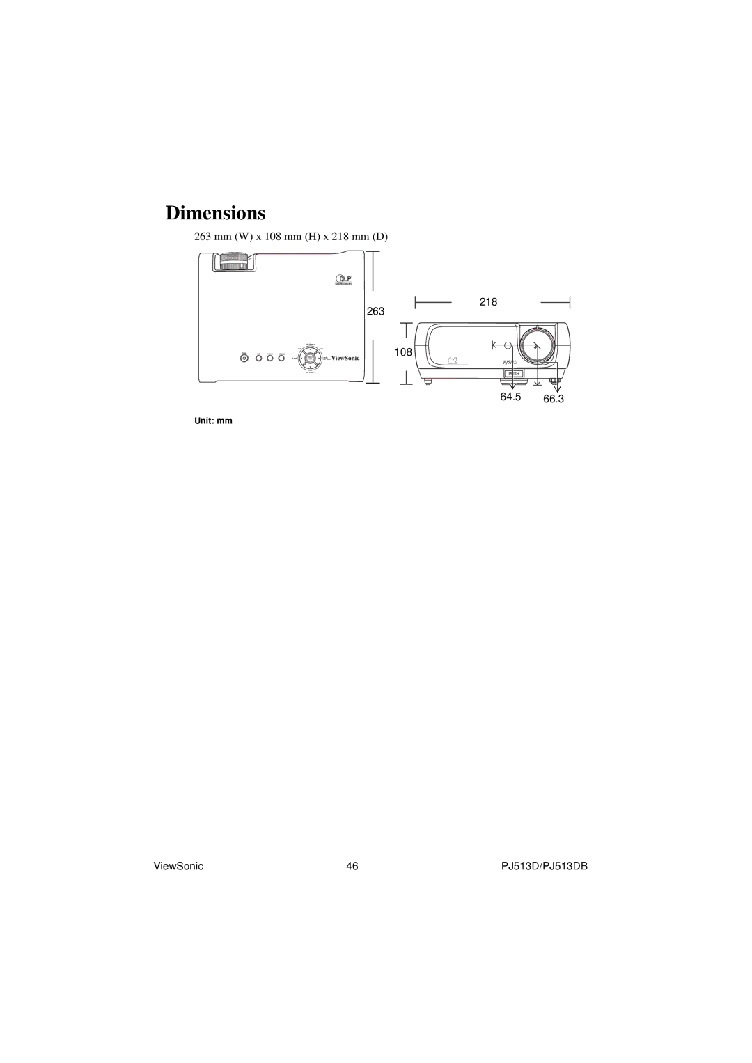 ViewSonic PJ513DB warranty Dimensions 