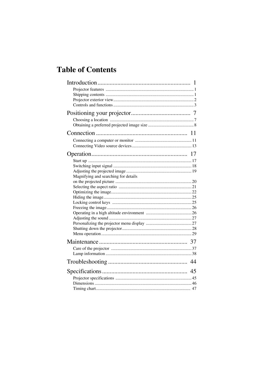 ViewSonic PJ513DB warranty Table of Contents 