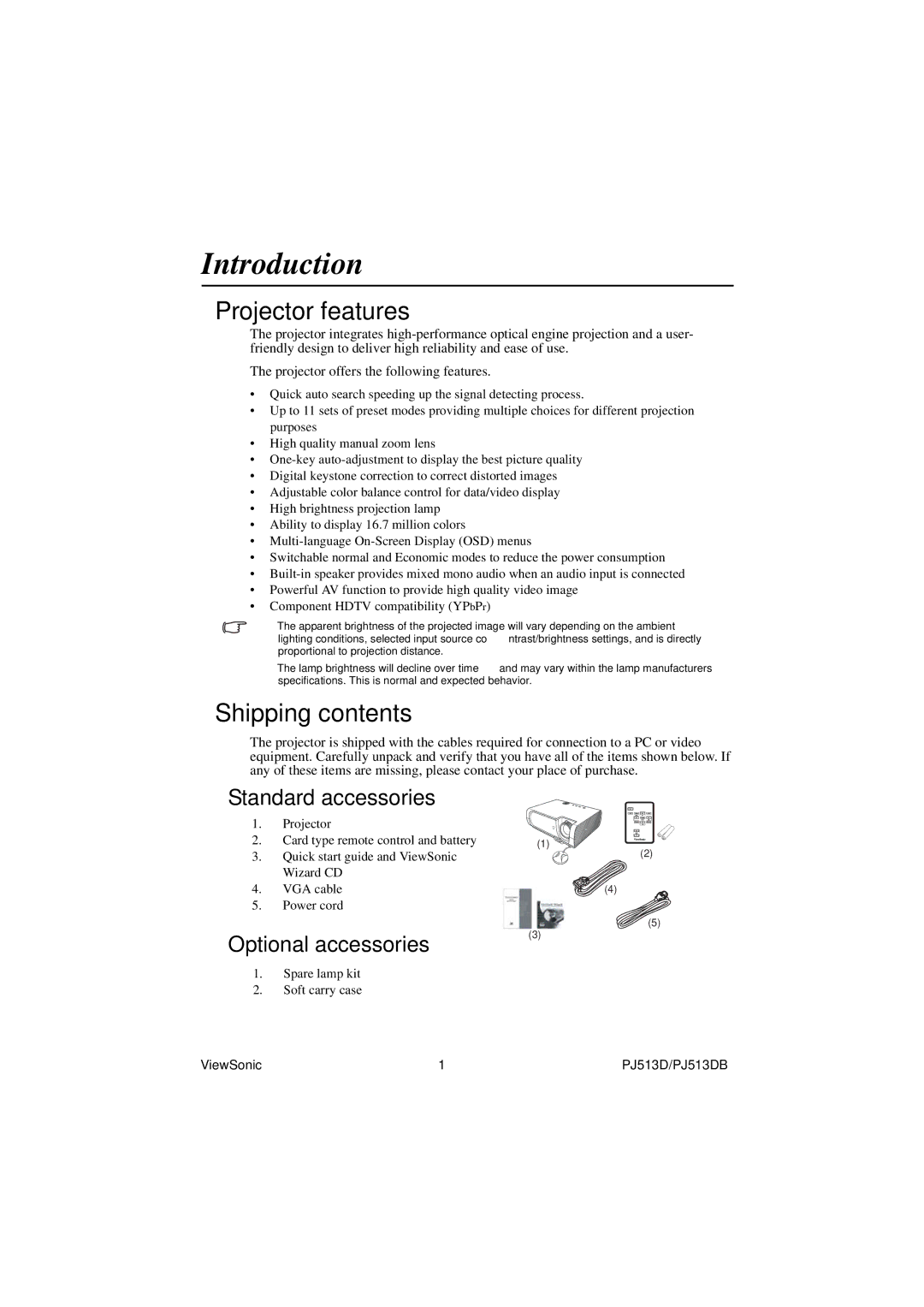 ViewSonic PJ513DB warranty Introduction, Projector features, Shipping contents 