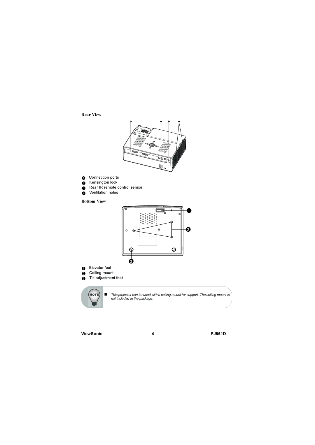 ViewSonic PJ551D-2 warranty Rear View, Bottom View 