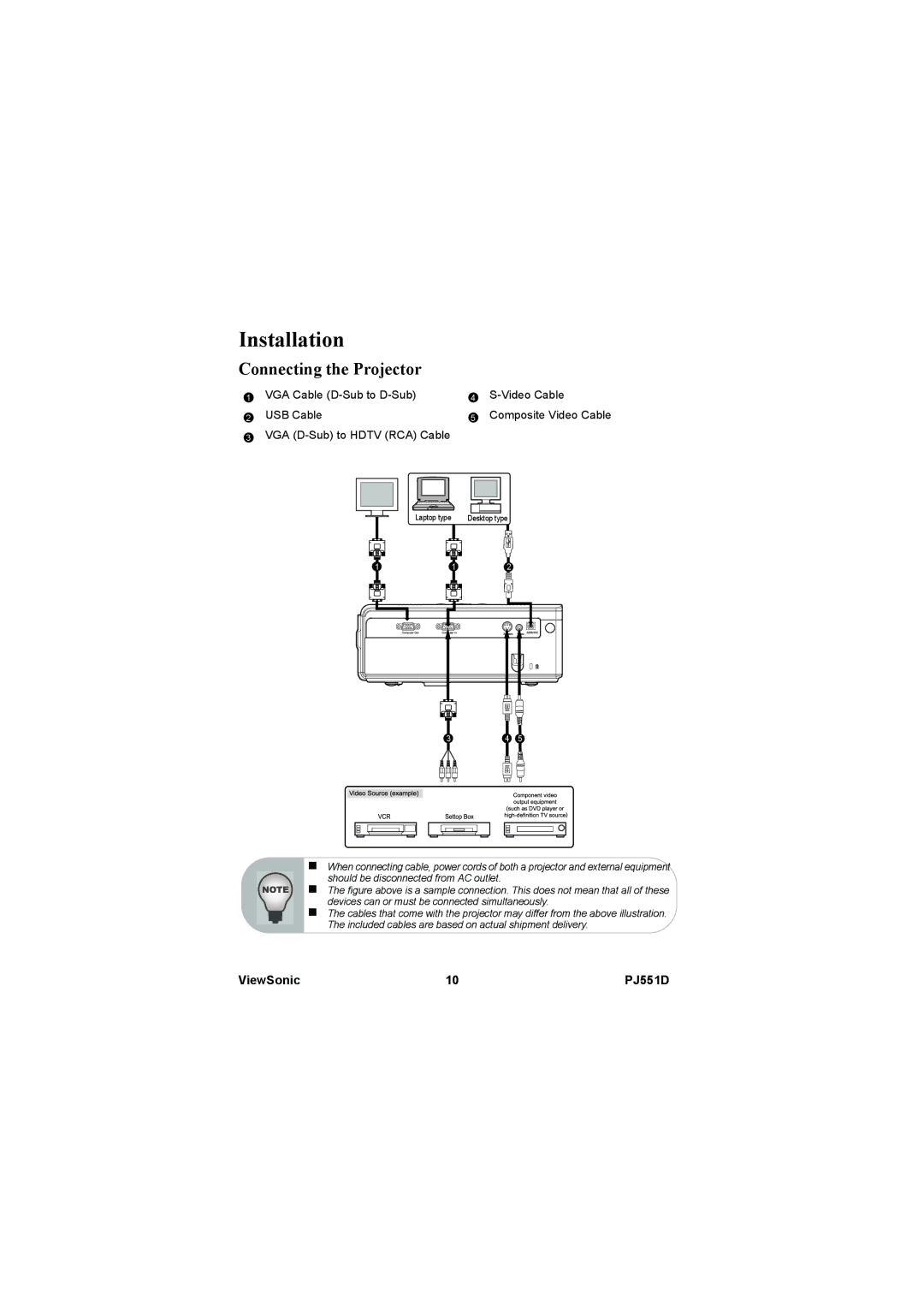 ViewSonic PJ551D-2 warranty Installation, Connecting the Projector 