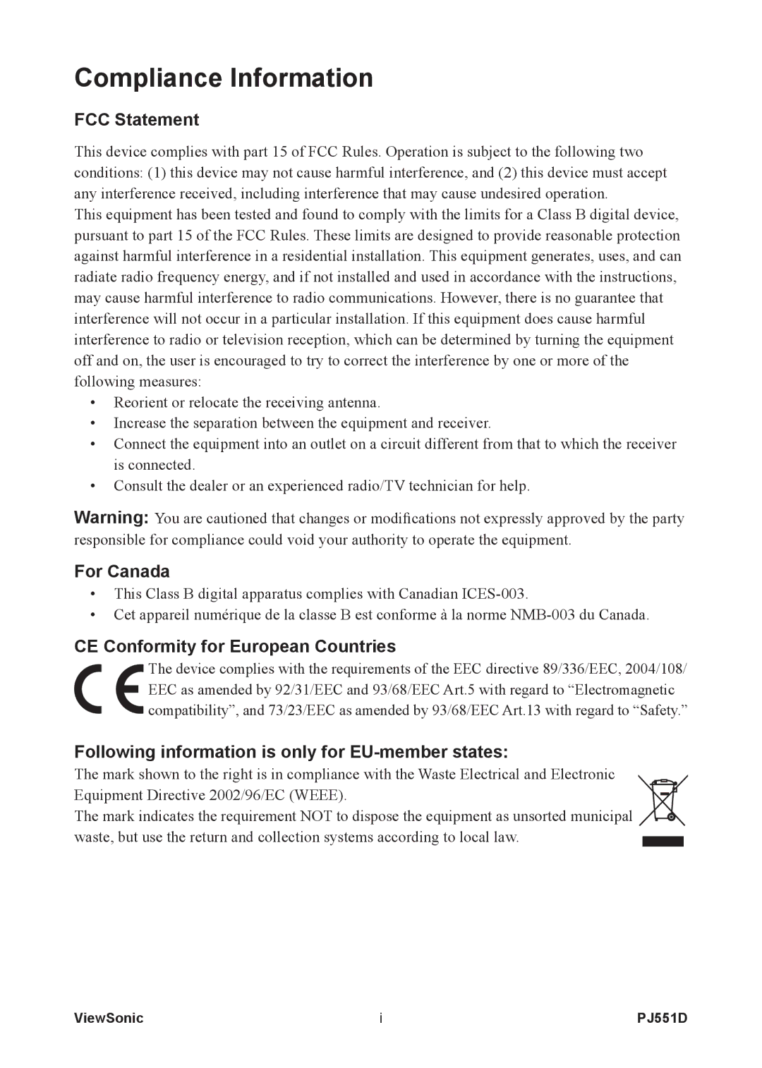 ViewSonic PJ551D-2 warranty Compliance Information, FCC Statement 