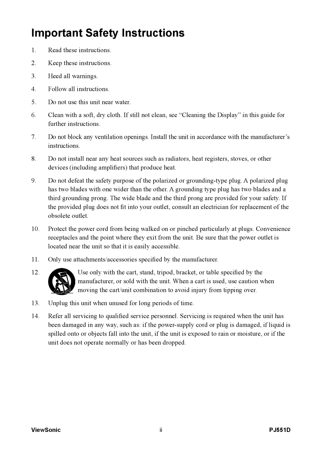 ViewSonic PJ551D-2 warranty Important Safety Instructions 