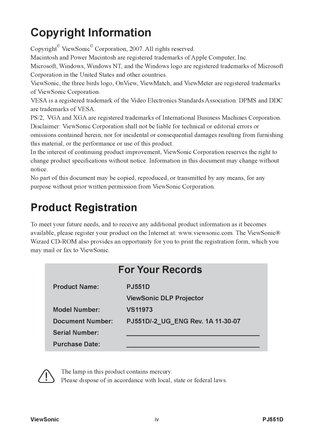 ViewSonic PJ551D-2 warranty Copyright Information, Product Registration 