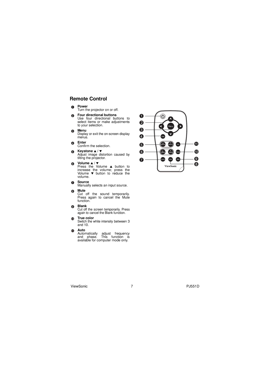 ViewSonic PJ551D warranty Remote Control, Volume S / T 