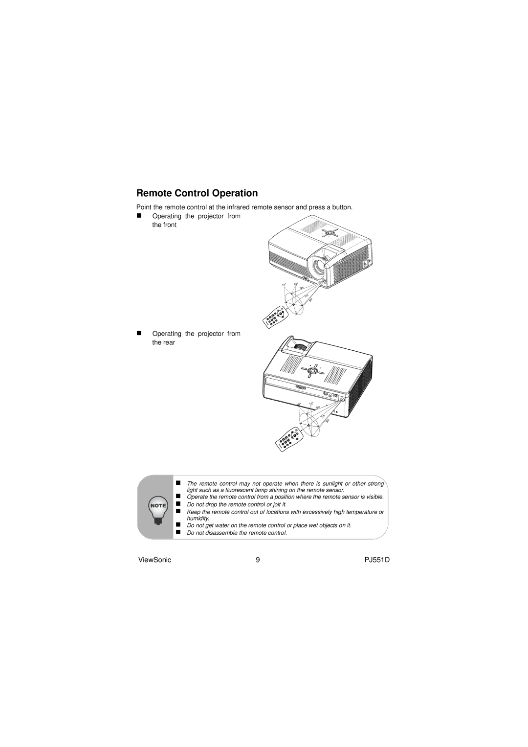 ViewSonic PJ551D warranty Remote Control Operation 