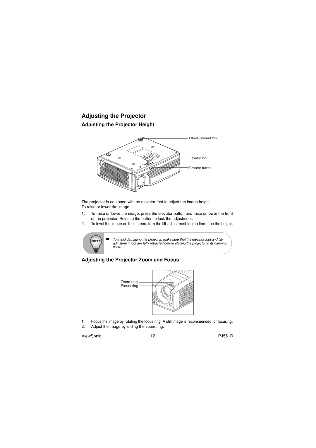 ViewSonic PJ551D warranty Adjusting the Projector Height, Adjusting the Projector Zoom and Focus 