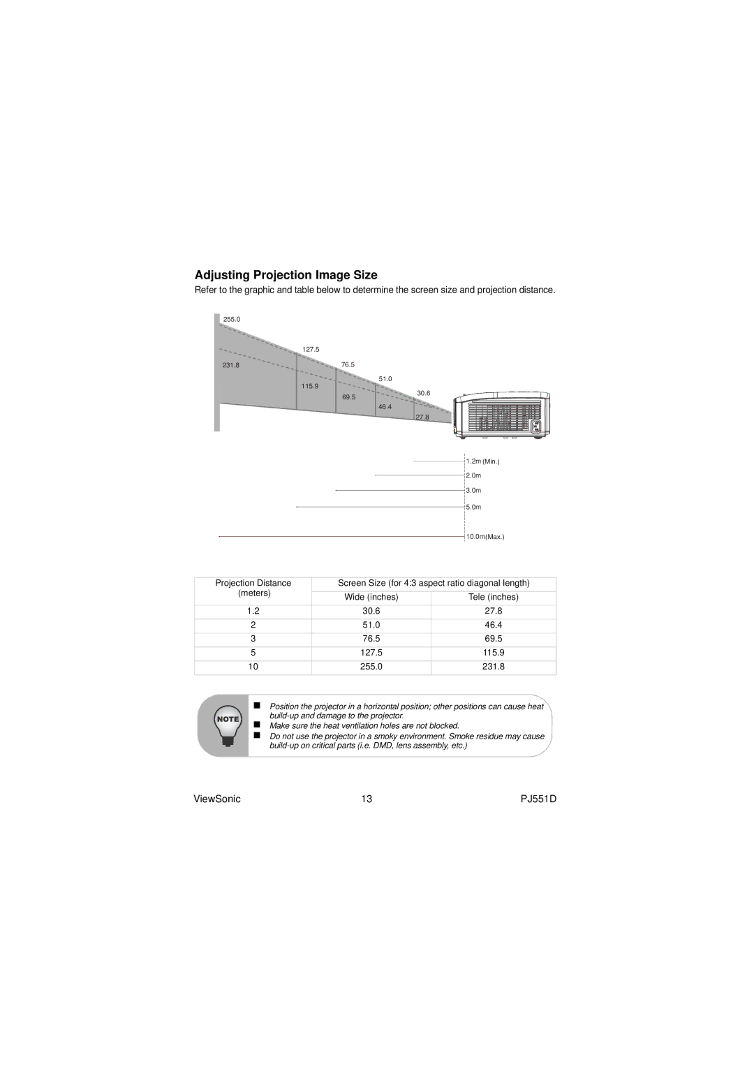 ViewSonic PJ551D warranty Adjusting Projection Image Size 