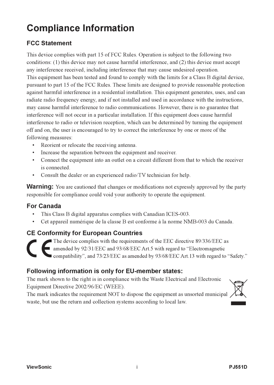 ViewSonic PJ551D warranty Compliance Information, FCC Statement, For Canada, CE Conformity for European Countries 