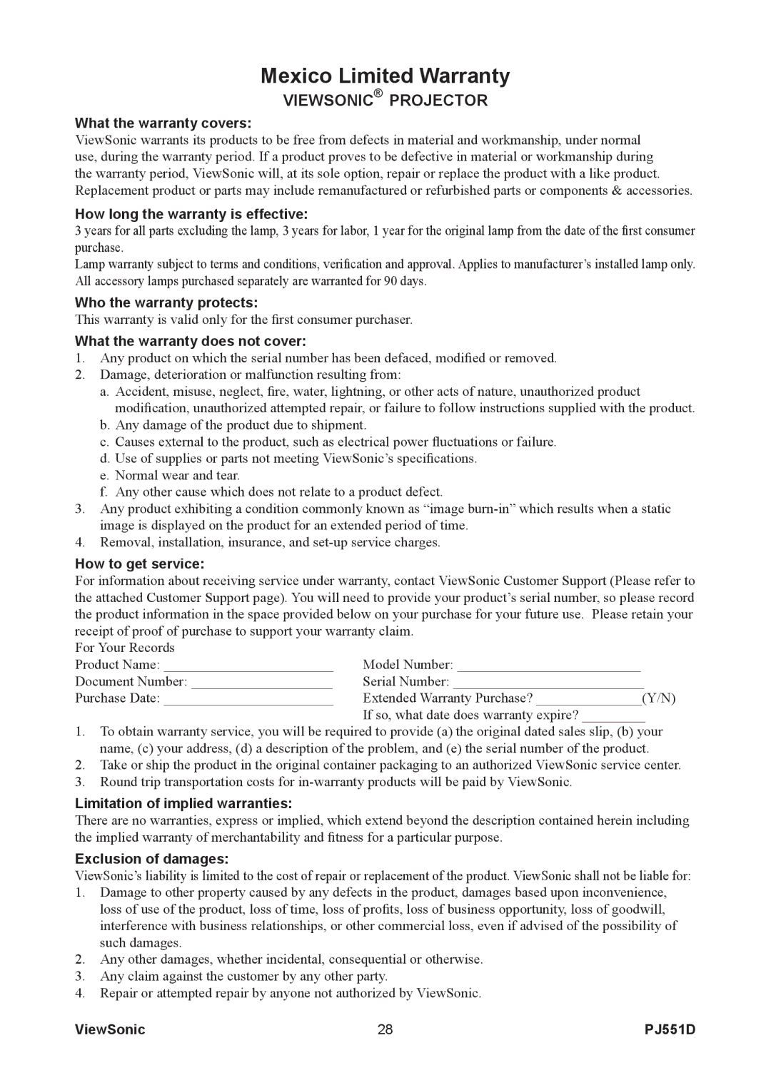 ViewSonic PJ551D What the warranty covers, How long the warranty is effective, Who the warranty protects 