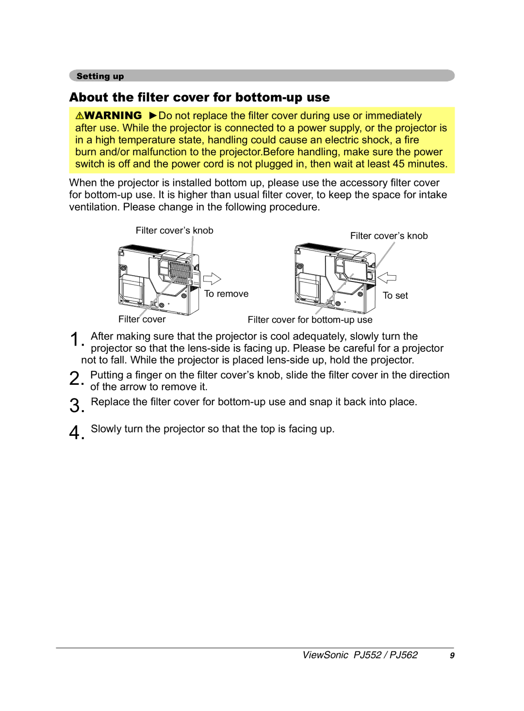 ViewSonic PJ552 manual $ErxwWkhÀowhuFryhuIruErwwr XsXvh, YHQWLODWLRQ3OHDVHFKDQJHLQWKHIROORZLQJSURFHGXUH 