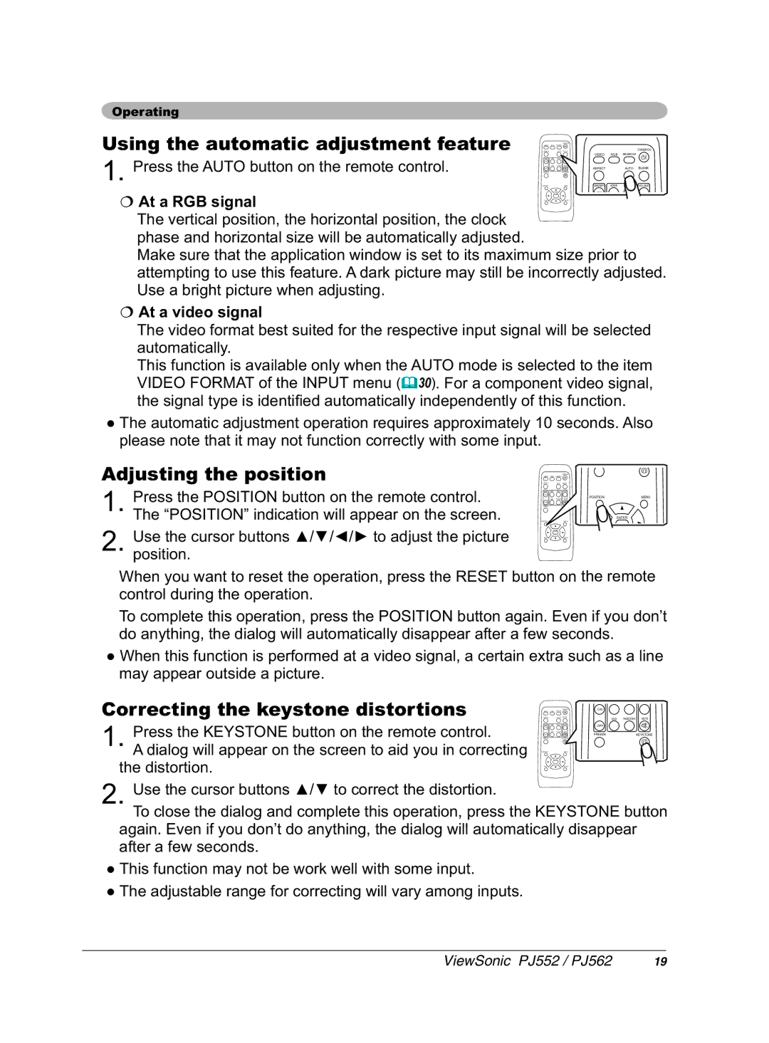 ViewSonic PJ552 manual $GmxvwlqjWkhSrvlwlrq, RuuhfwlqjWkhNh\VwrqhGlvwruwlrqv, €$WDYlghrVljqdo, Dxwrpdwlfdoo\ 