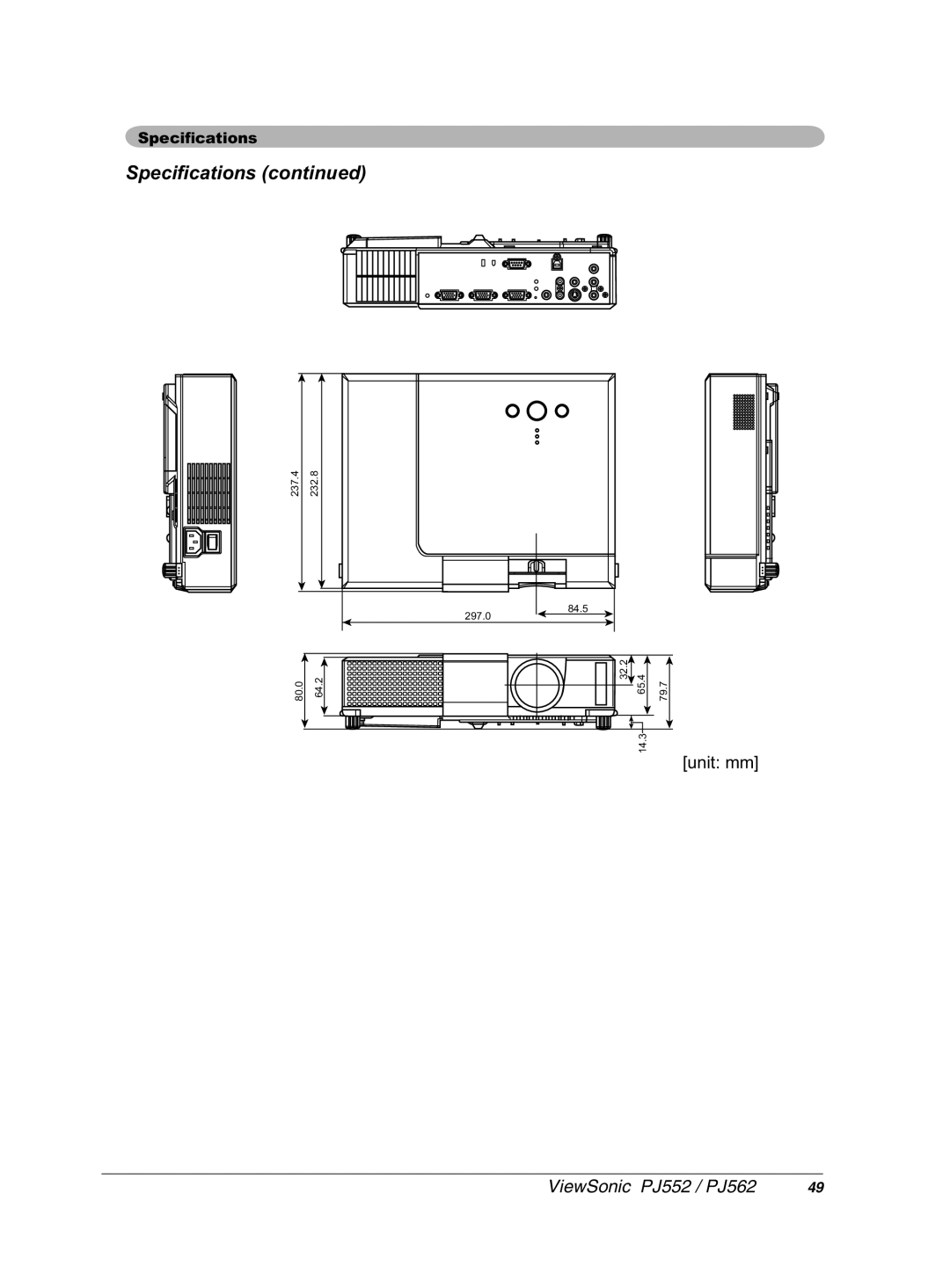 ViewSonic PJ552 manual 6SHFL¿FDWLRQVFRQWLQXHG, XqlwPp@ 