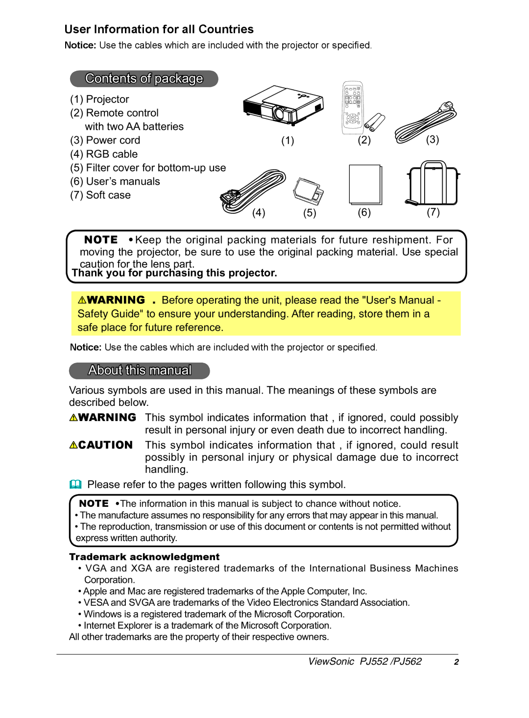 ViewSonic PJ552 manual Contents of package, $ErxwWklvPdqxdo 