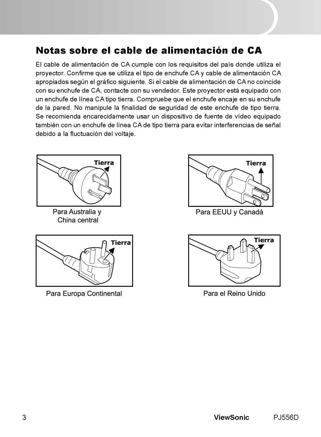 ViewSonic manual Notas sobre el cable de alimentación de CA, ViewSonic PJ556D 