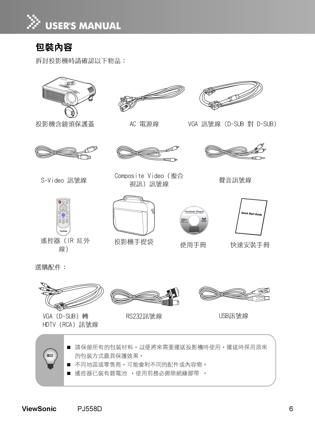 ViewSonic manual 包裝內容, ViewSonic PJ558D, Ac 電源線, Vga 訊號線 D-Sub 對 D-Sub）, S-Video 訊號線, Composite Video （複合, Vga （D-Sub ）轉 