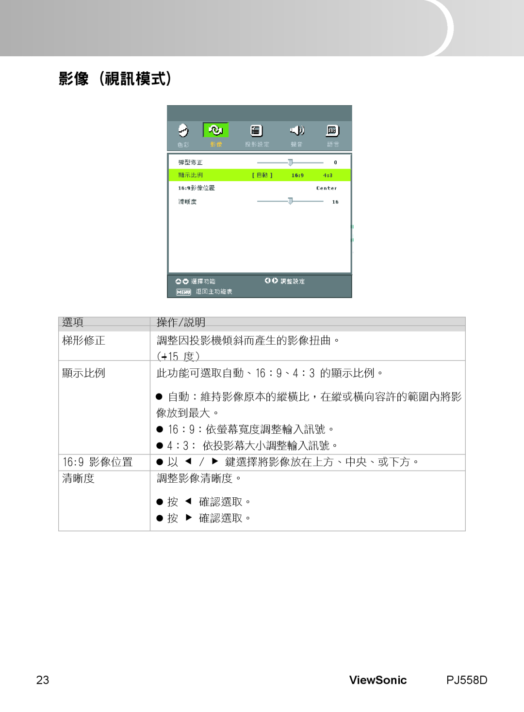 ViewSonic PJ558D manual 影像 視訊模式, English, ViewSonic 