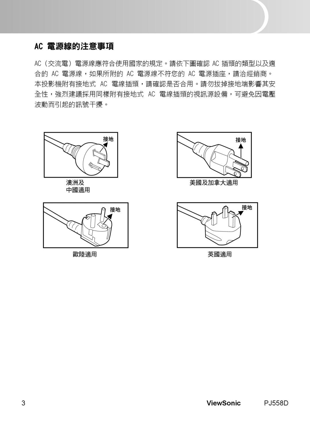 ViewSonic manual Ac 電源線的注意事項, English, ViewSonic PJ558D 